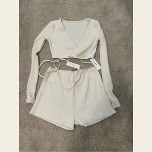 Joah Brown Cream Ribbed Knit Wrap Top and Shorts Set- Cross listed on Mercari!